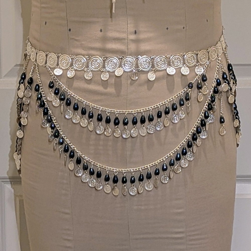 NWT Beckwoman XXL Silver Plated Belly Dancing Coin Belt with Deep Blue Beads